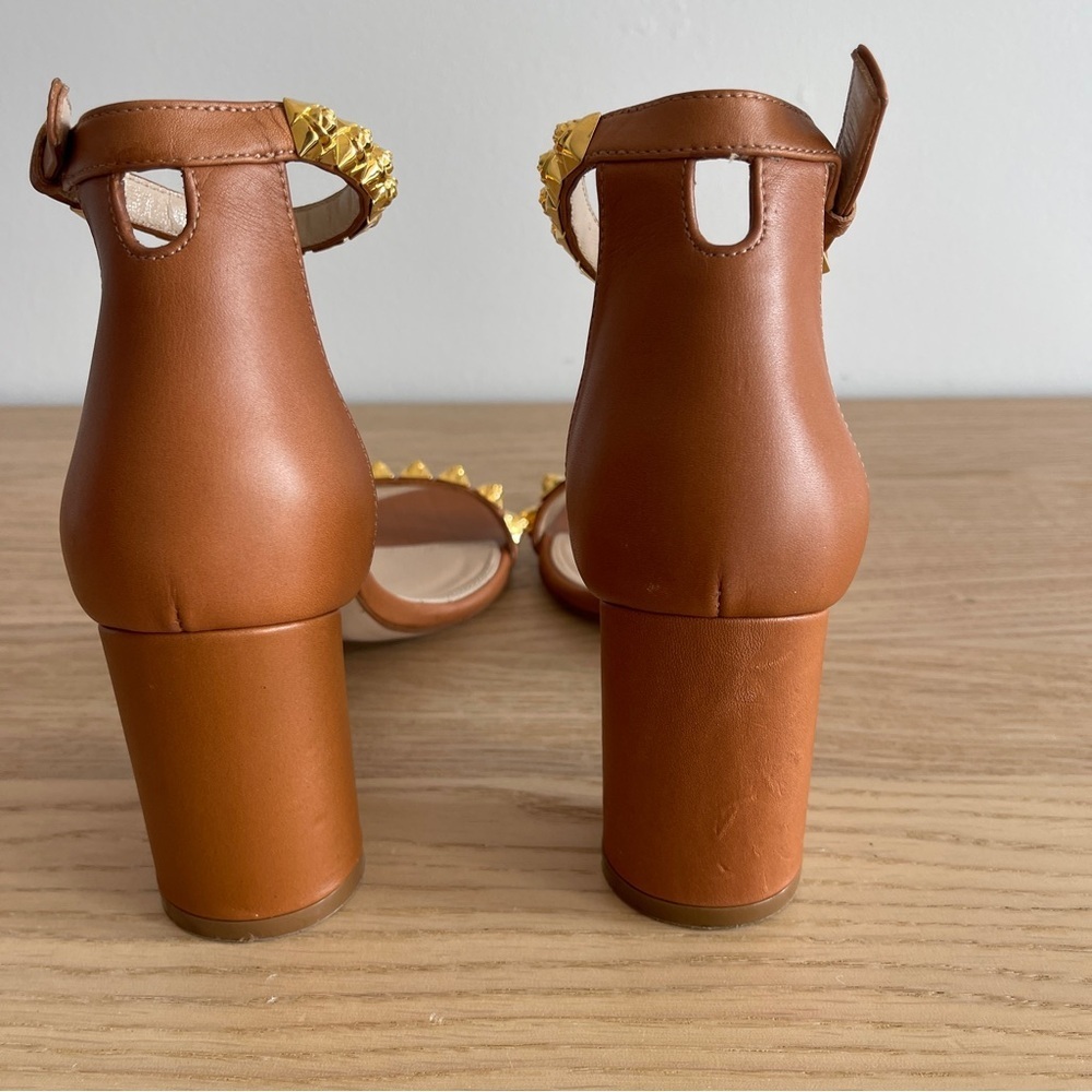 Stuart Weitzman rosemarie block heel cognac Brown Ankle Strap Sandals gold stud - Picture 6 of 12